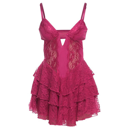 V neck lace ruffle cami mini dress