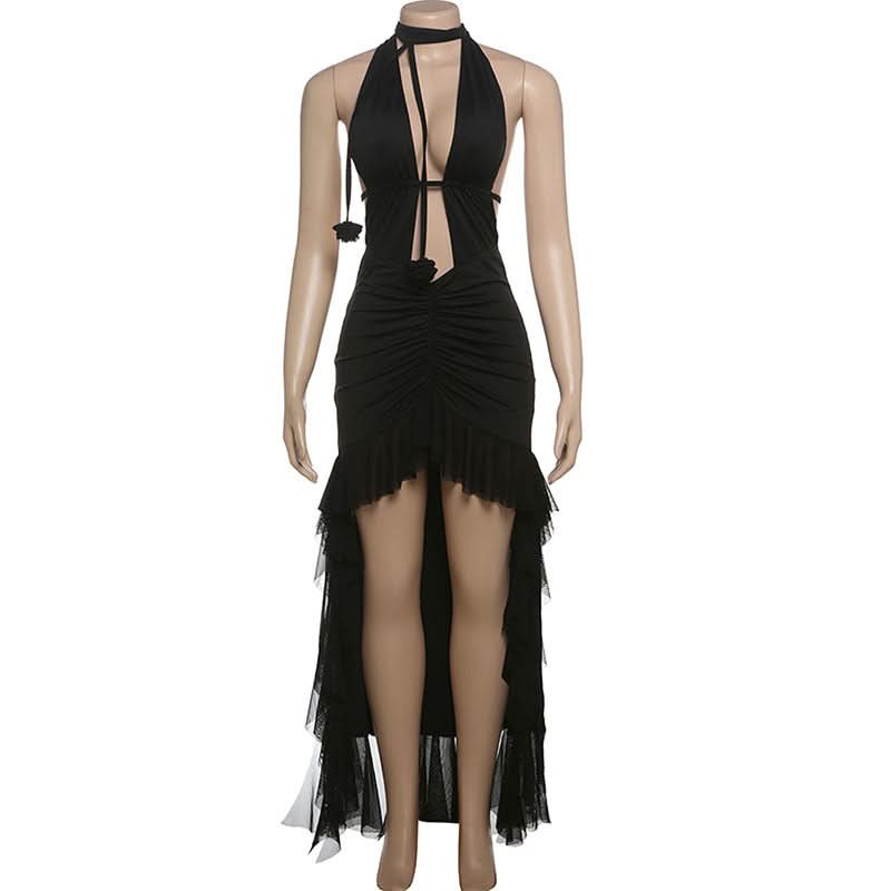 Halter hollow out ruched mesh ruffle backless cut out maxi dress