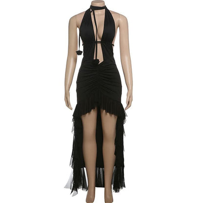 Halter hollow out ruched mesh ruffle backless cut out maxi dress