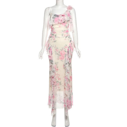 Flower print mesh ruffle cami maxi dress