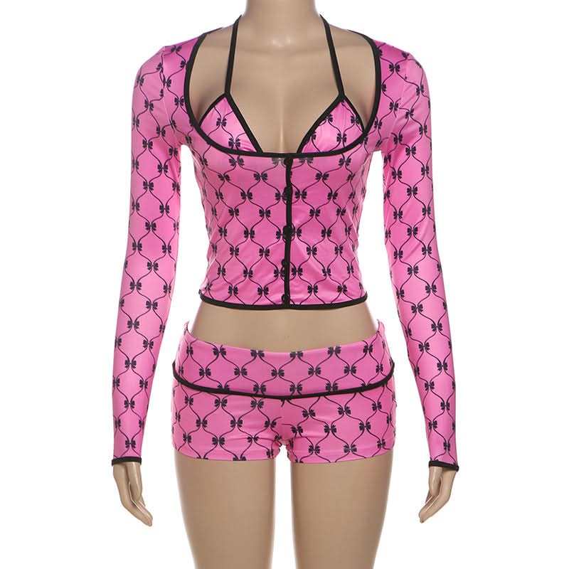 Long sleeve halter print 3 piece short pant set