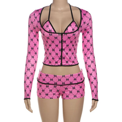 Long sleeve halter print 3 piece short pant set