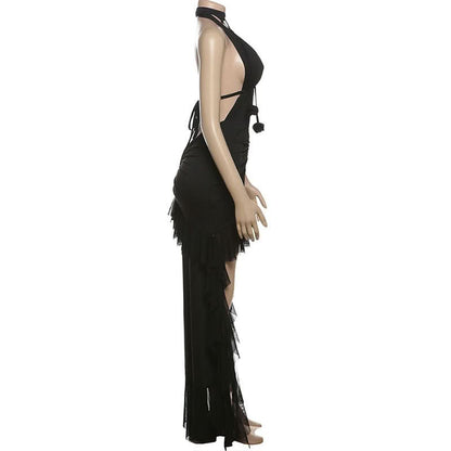 Halter hollow out ruched mesh ruffle backless cut out maxi dress