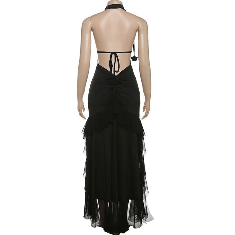 Halter hollow out ruched mesh ruffle backless cut out maxi dress