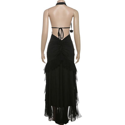 Halter hollow out ruched mesh ruffle backless cut out maxi dress