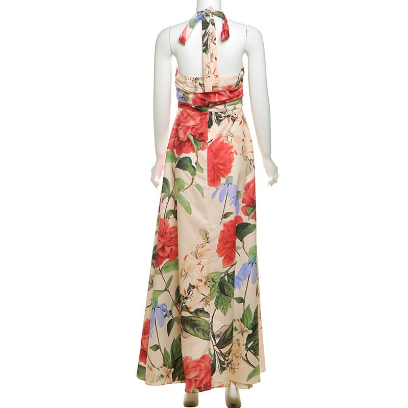 Halter flower print ruffle slit maxi dress
