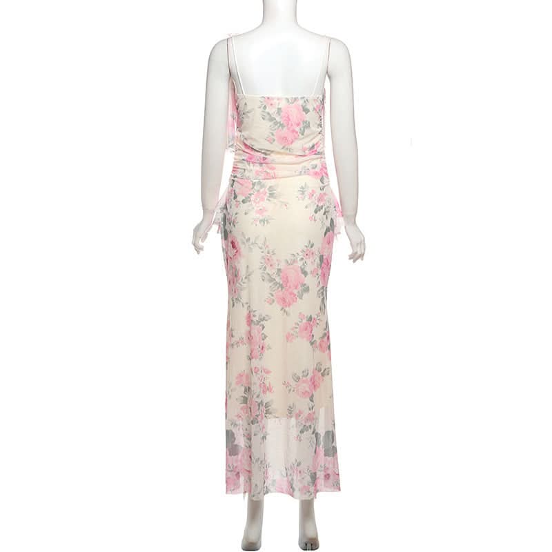 Flower print mesh ruffle cami maxi dress