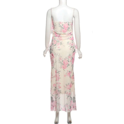 Flower print mesh ruffle cami maxi dress