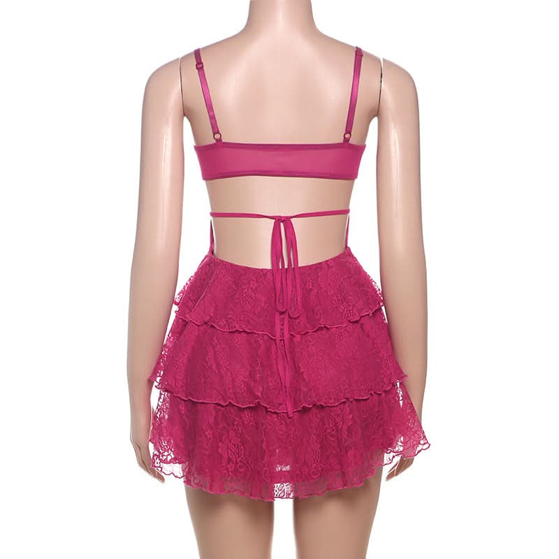 V neck lace ruffle cami mini dress
