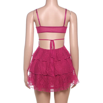 V neck lace ruffle cami mini dress