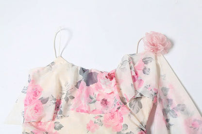 Flower print mesh ruffle cami maxi dress