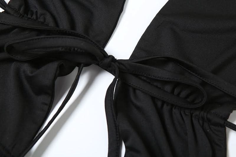 Halter hollow out ruched mesh ruffle backless cut out maxi dress