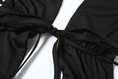 Halter hollow out ruched mesh ruffle backless cut out maxi dress