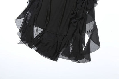 Halter hollow out ruched mesh ruffle backless cut out maxi dress