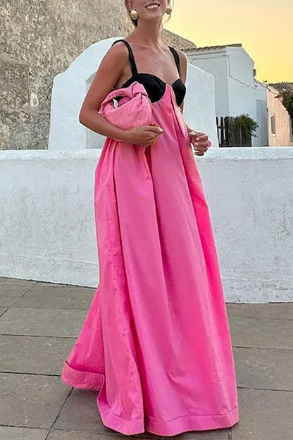 Sexy Patchwork Backless Contrast V Neck Sling Dresses