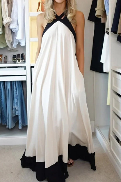 Casual Patchwork Contrast Halter Long Dresses