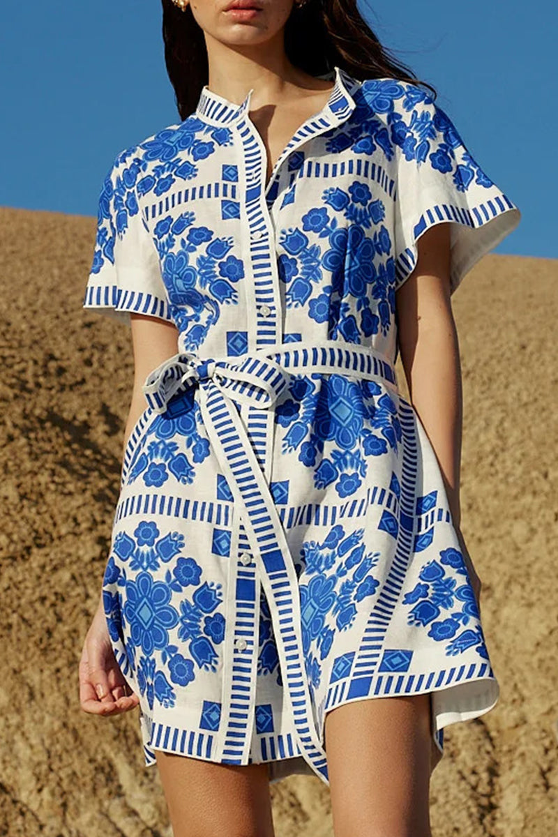 Casual Colorblock Print Lace Up Buttons Contrast Mandarin Collar Short Sleeve Short Sleeve Dress