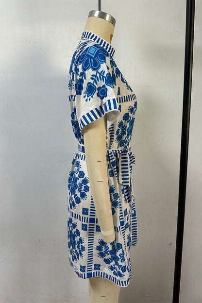 Casual Colorblock Print Lace Up Buttons Contrast Mandarin Collar Short Sleeve Short Sleeve Dress