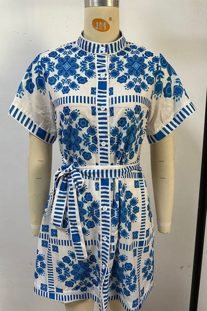 Casual Colorblock Print Lace Up Buttons Contrast Mandarin Collar Short Sleeve Short Sleeve Dress