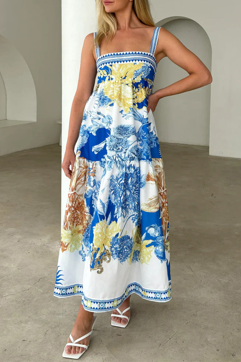 Boho Floral Print Pocket Contrast Square Neck Sling Dresses