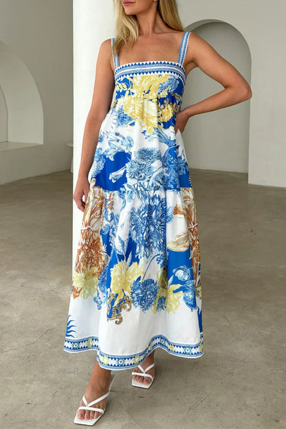 Boho Floral Print Pocket Contrast Square Neck Sling Dresses