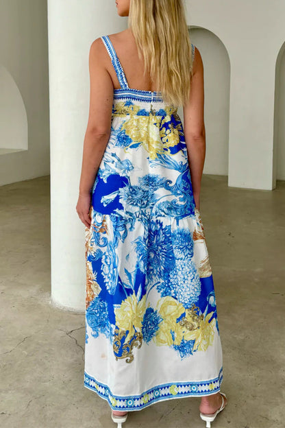 Boho Floral Print Pocket Contrast Square Neck Sling Dresses