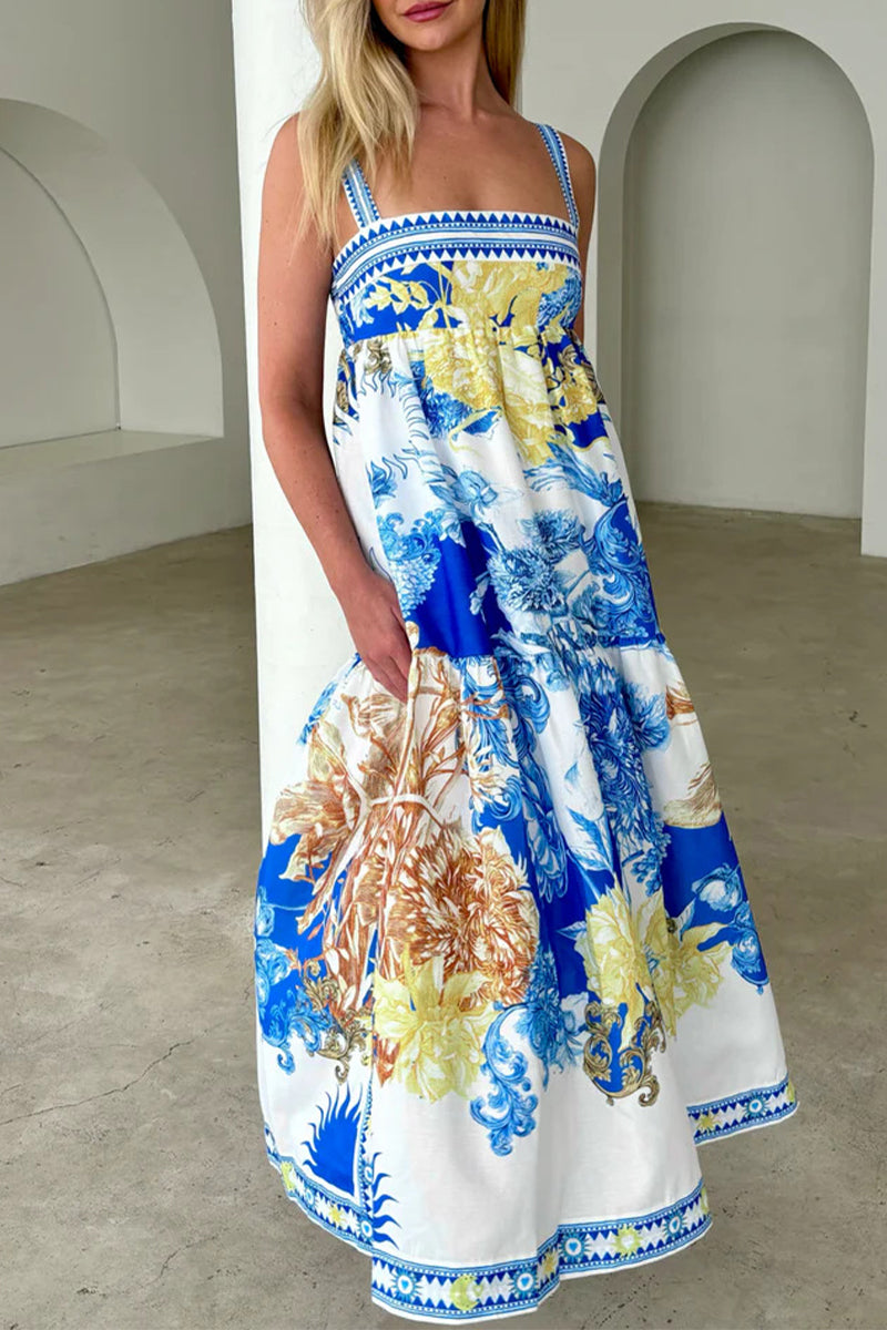 Boho Floral Print Pocket Contrast Square Neck Sling Dresses