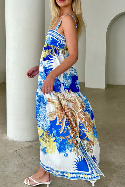 Boho Floral Print Pocket Contrast Square Neck Sling Dresses