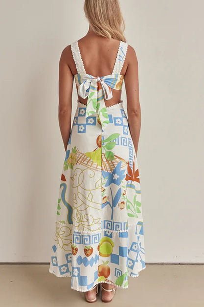 Sexy Graffiti Print Lace Up Contrast V Neck A Line Dresses