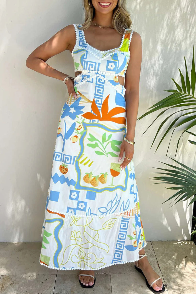 Sexy Graffiti Print Lace Up Contrast V Neck A Line Dresses