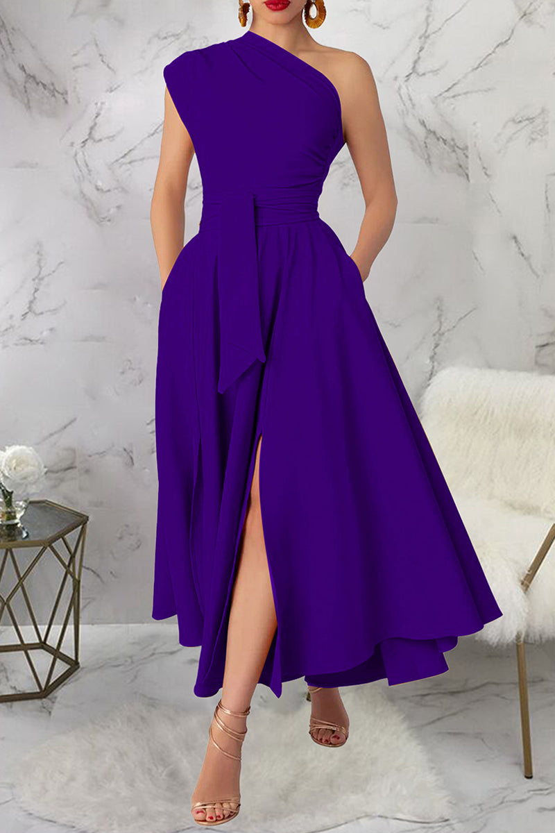 Casual Slit Oblique Collar Long Dresses(3 Colors)