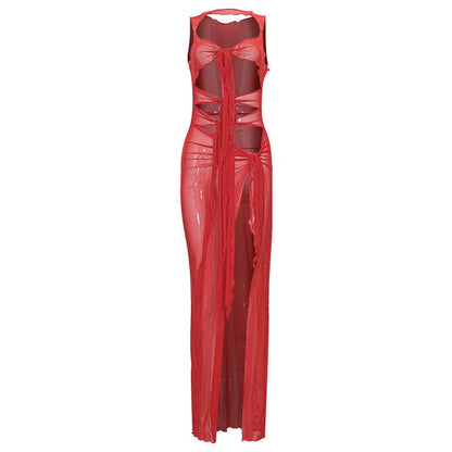 Mesh sleeveless hollow out slit knotted cut out maxi dress