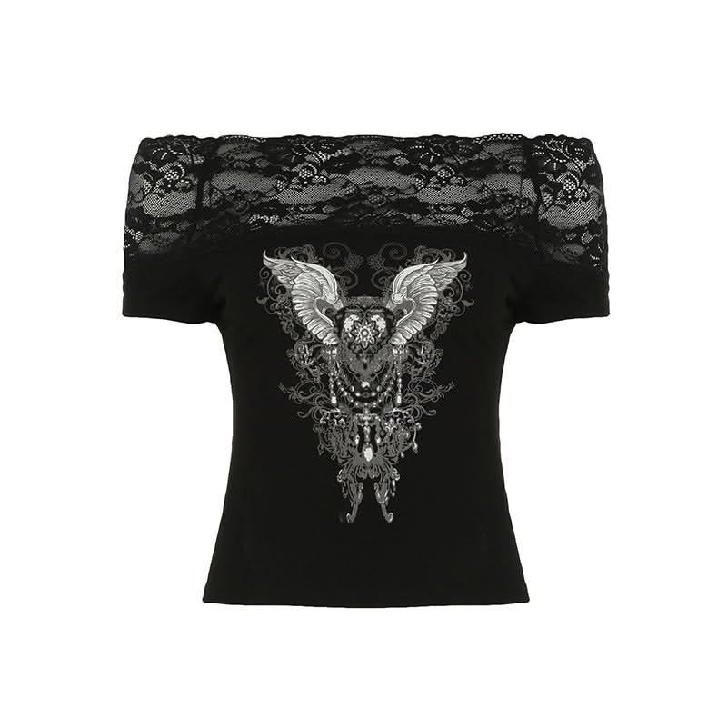 Off shoulder lace patchwork abstract top