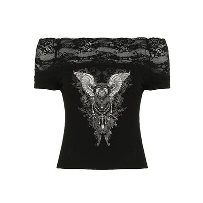 Off shoulder lace patchwork abstract top