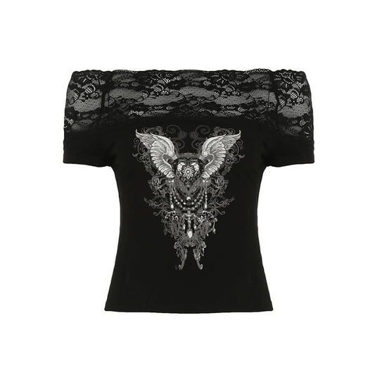 Off shoulder lace patchwork abstract top