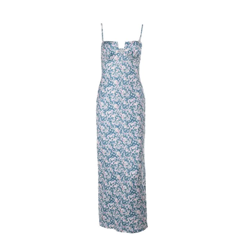 Flower print hollow out cami cut out maxi dress