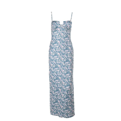 Flower print hollow out cami cut out maxi dress