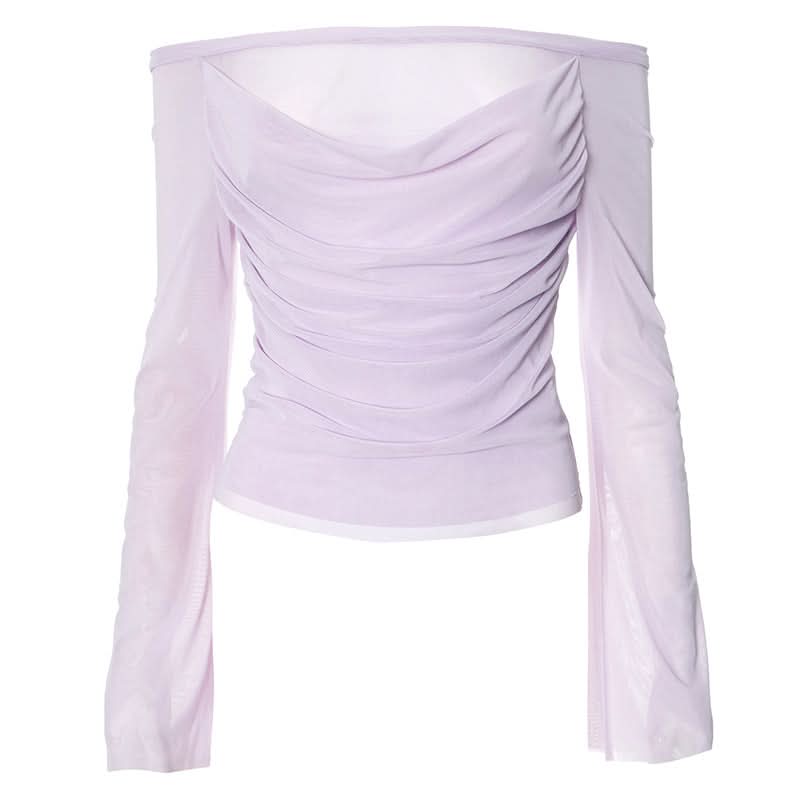 Off shoulder long sleeve mesh ruched top