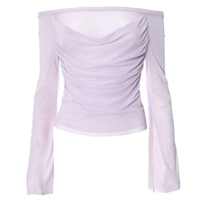 Off shoulder long sleeve mesh ruched top