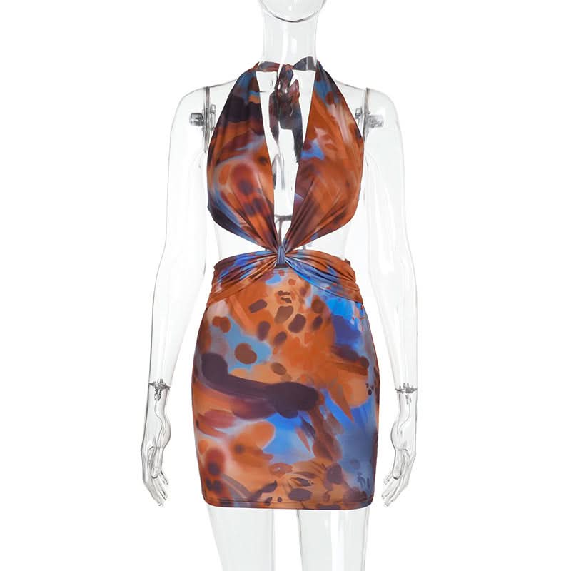 Halter v neck contrast ruched mini dress