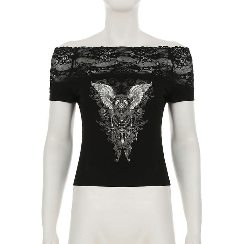 Off shoulder lace patchwork abstract top