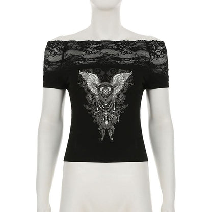 Off shoulder lace patchwork abstract top
