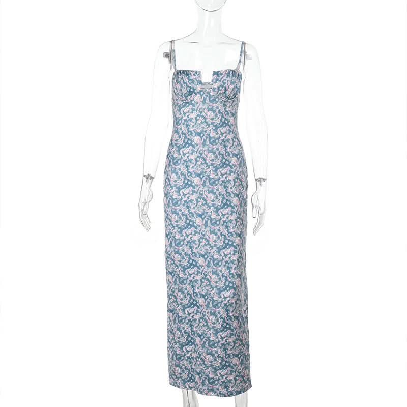 Flower print hollow out cami cut out maxi dress