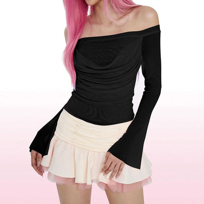 Off shoulder long sleeve mesh ruched top