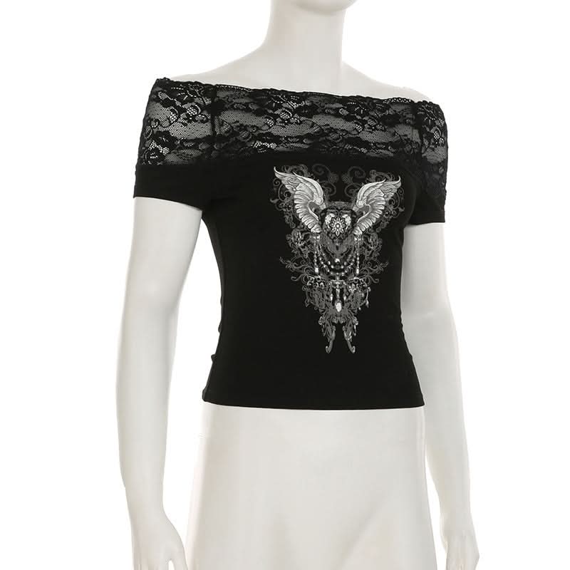 Off shoulder lace patchwork abstract top