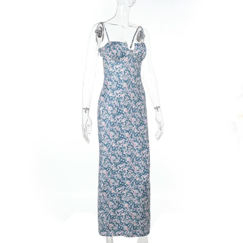 Flower print hollow out cami cut out maxi dress