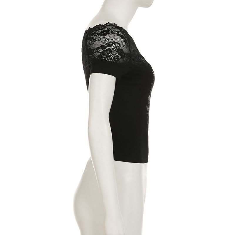 Off shoulder lace patchwork abstract top