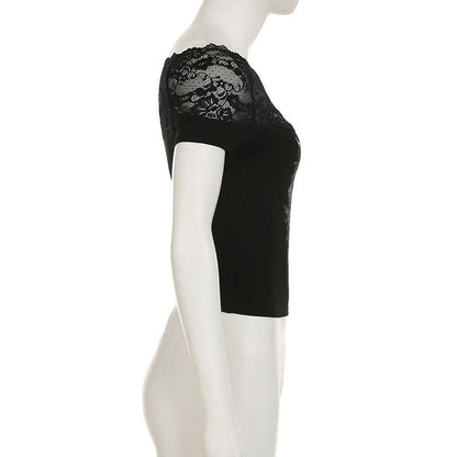 Off shoulder lace patchwork abstract top