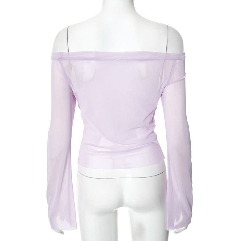 Off shoulder long sleeve mesh ruched top