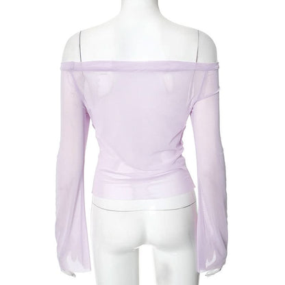 Off shoulder long sleeve mesh ruched top